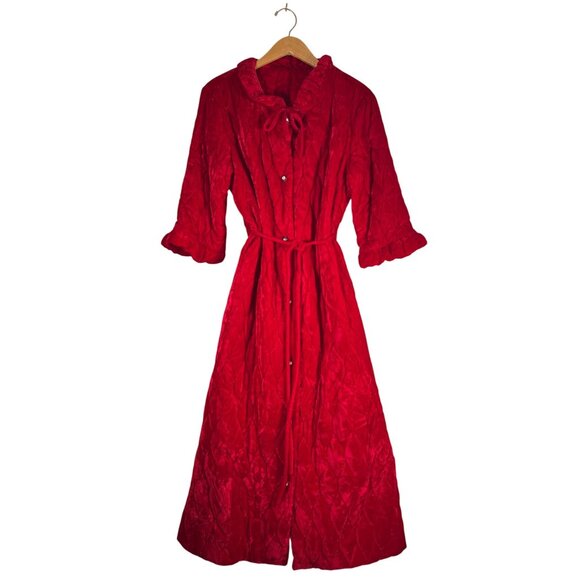 VINTAGE Womens Size 46 Chest House Coat Maxi Red Quilt Velvet Rhinestone Buttons - Picture 14 of 14